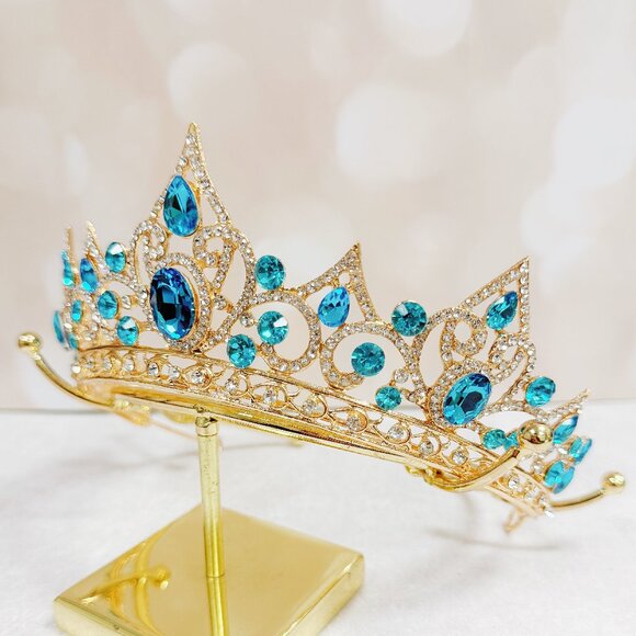 Gold crystal tiara, blue crystal crown, birthday princess tiara, vintage crown main image 5